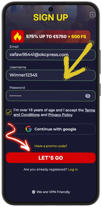 Slota Casino registration step 1 enter email username and password